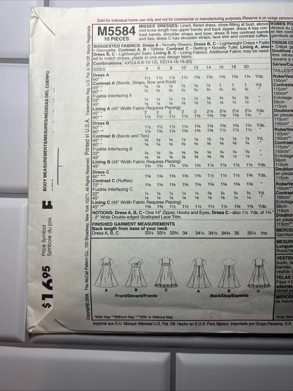 McCall’s M5584 Sewing Pattern Size AX5 Opened